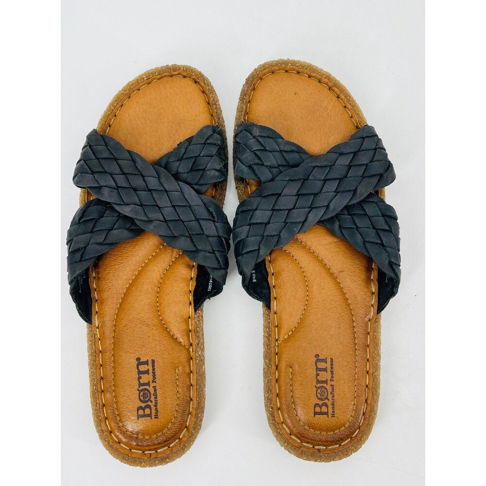 Born Rue Flat Black CrissCross Leather Sandal Size 9 EU 40.5 Vacation Resortwear